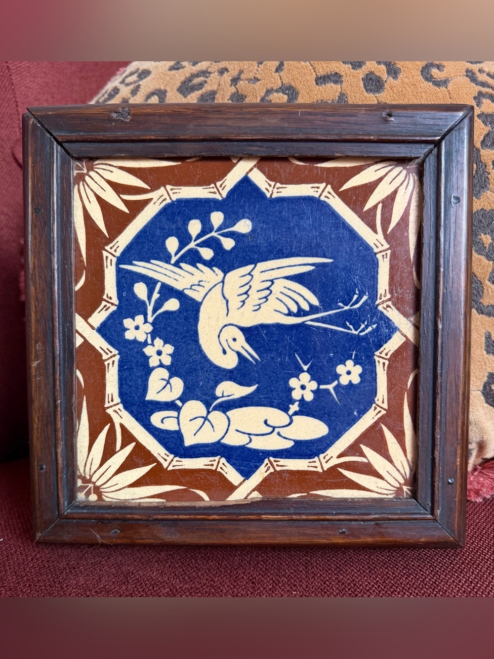 1870 Mintons China Works, Christopher Dresser, Bird & Floral Tile, Wood Mount